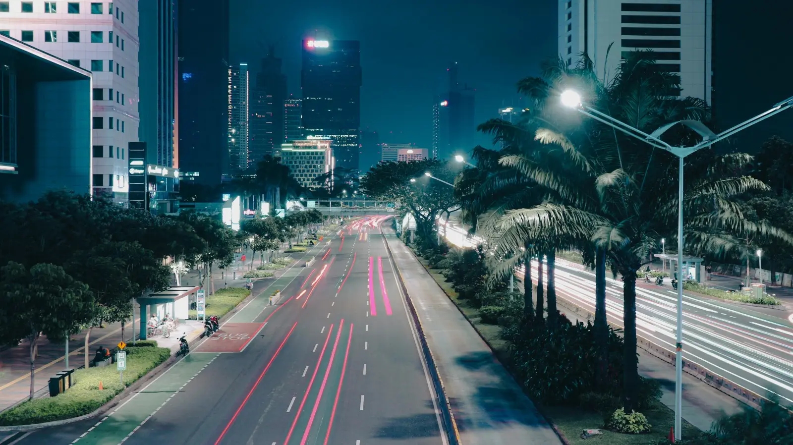 Connected urban infrastructure lit up at night