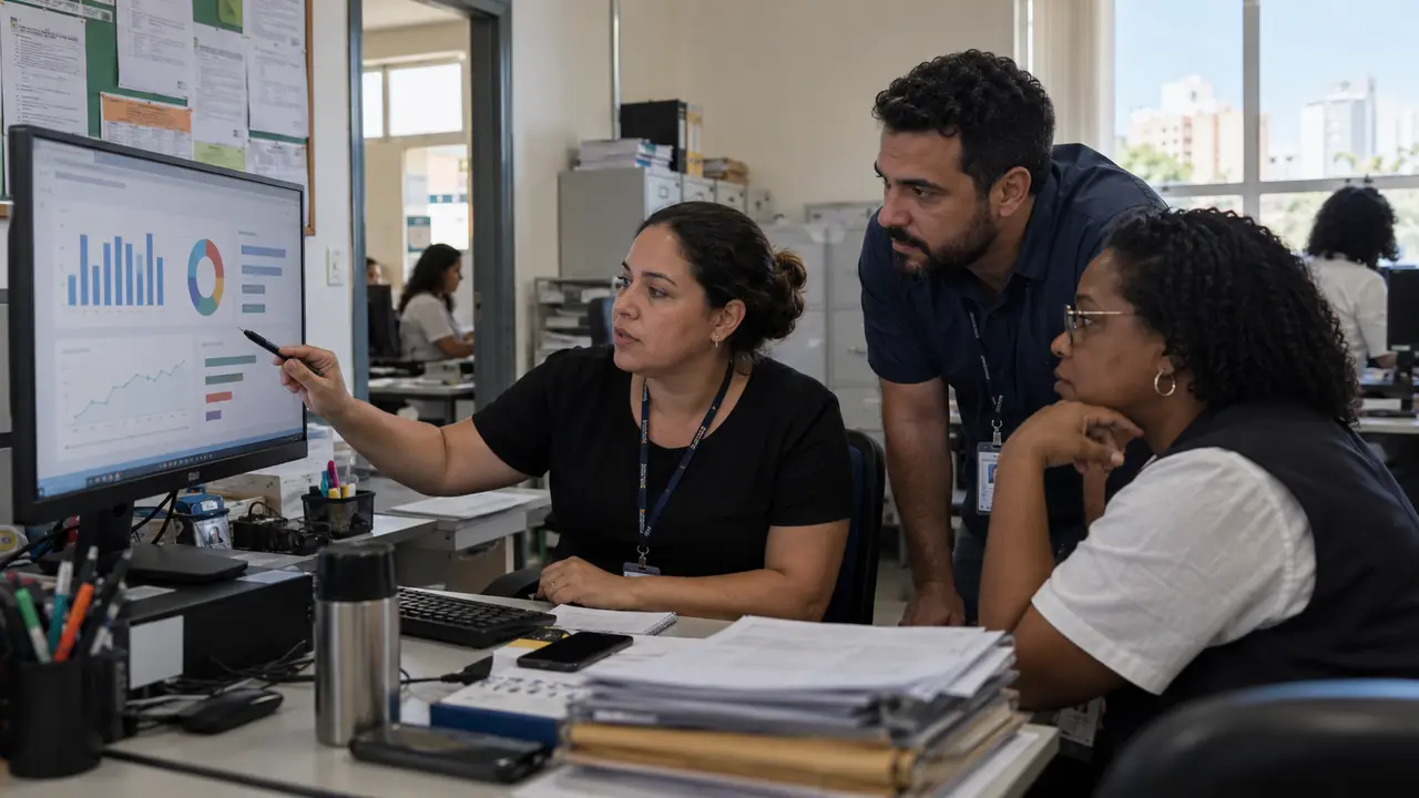 Equipe de gestão de uma Secretaria Municipal de Saúde analisando indicadores em um painel exibido no monitor