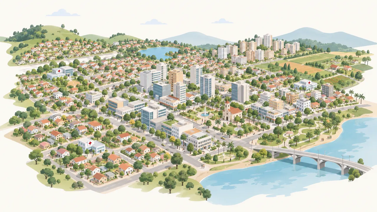Ilustração de uma cidade média com unidades de saúde distribuídas entre bairros residenciais, centro, orla e zona rural
