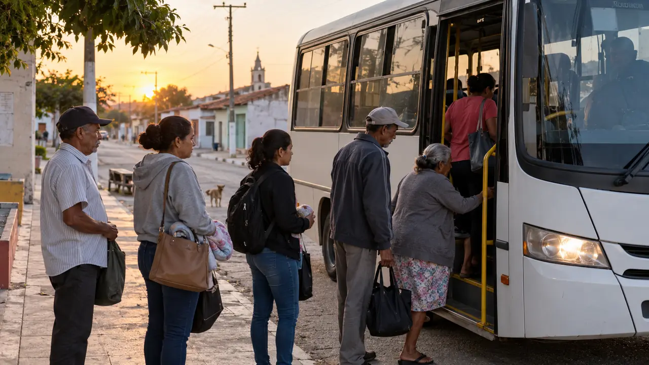 Pacientes na fila para embarcar em um ônibus intermunicipal ao amanhecer, em uma rua de cidade pequena